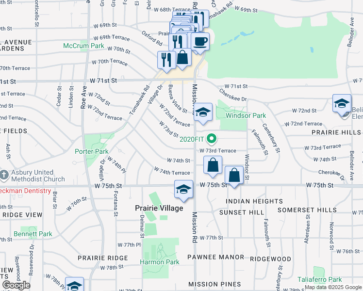 map of restaurants, bars, coffee shops, grocery stores, and more near 4007 West 73rd Terrace in Prairie Village