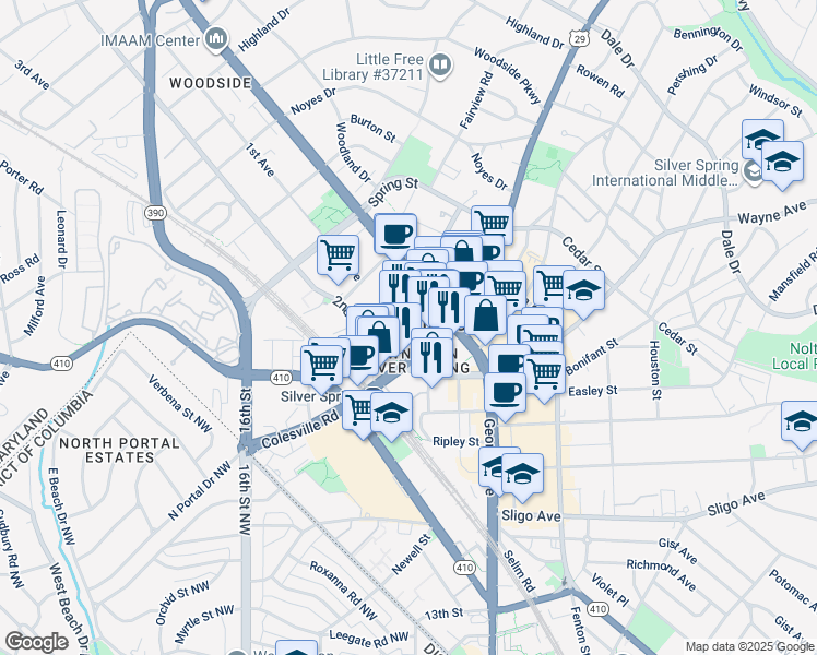 map of restaurants, bars, coffee shops, grocery stores, and more near Fidler Lane in Silver Spring