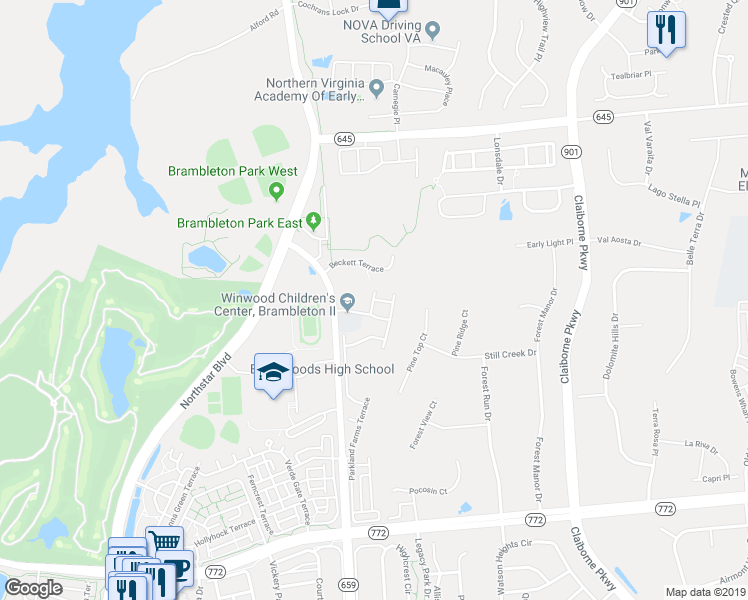 map of restaurants, bars, coffee shops, grocery stores, and more near Faith Terrace in Brambleton