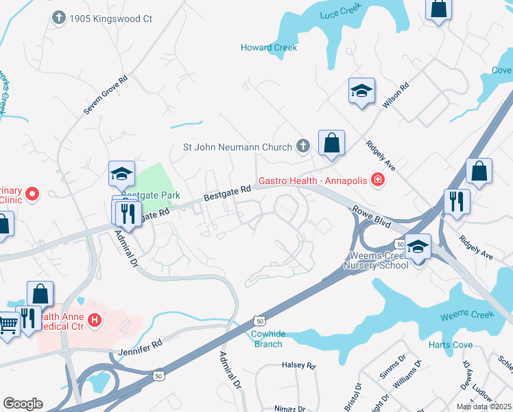 map of restaurants, bars, coffee shops, grocery stores, and more near 2035 Puritan Terrace in Annapolis