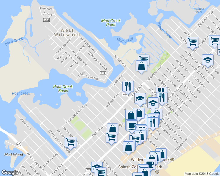 map of restaurants, bars, coffee shops, grocery stores, and more near 3098 Lake Avenue in Wildwood