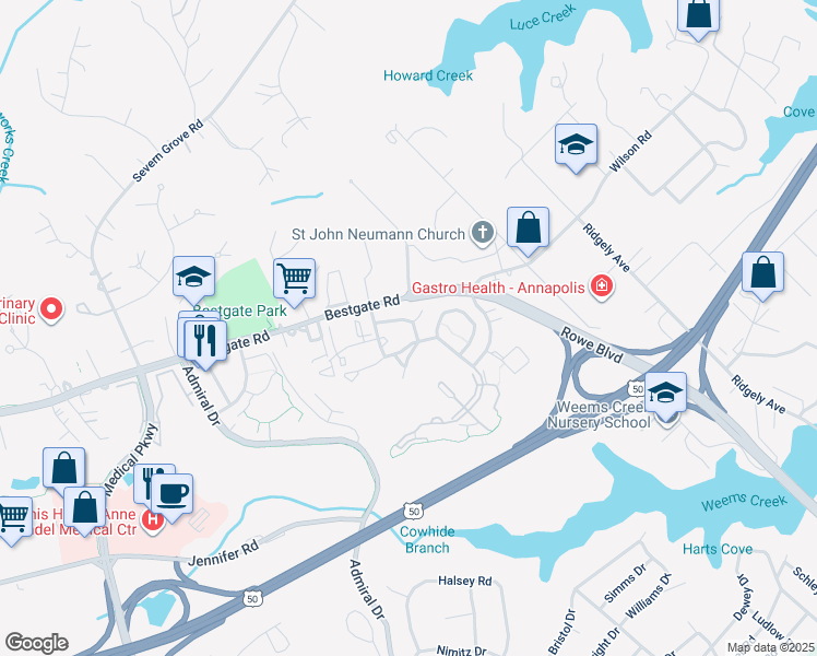 map of restaurants, bars, coffee shops, grocery stores, and more near 2035 Puritan Terrace in Annapolis