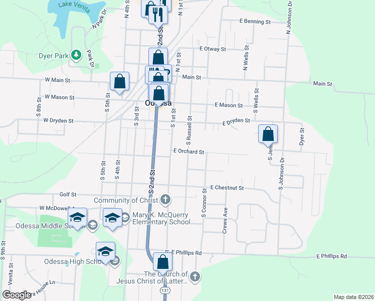 map of restaurants, bars, coffee shops, grocery stores, and more near 399 South Russell Street in Odessa