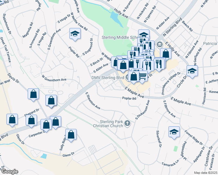 map of restaurants, bars, coffee shops, grocery stores, and more near 800 South Concord Court in Sterling