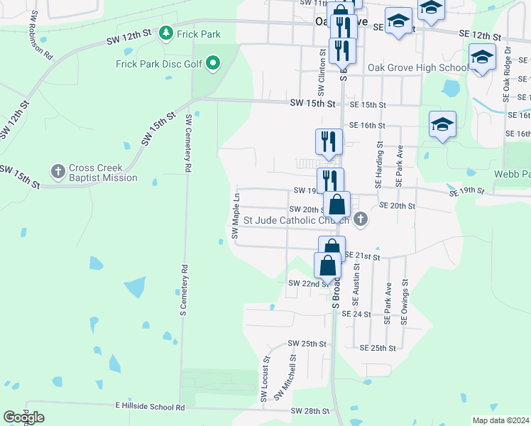 map of restaurants, bars, coffee shops, grocery stores, and more near 208 Southwest 20th Terrace in Oak Grove