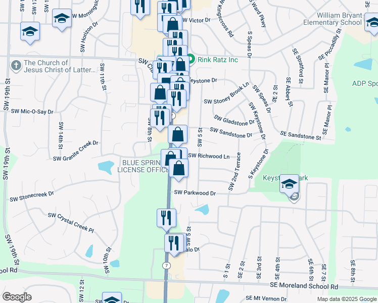 map of restaurants, bars, coffee shops, grocery stores, and more near 2309 Southwest 6 Street in Blue Springs
