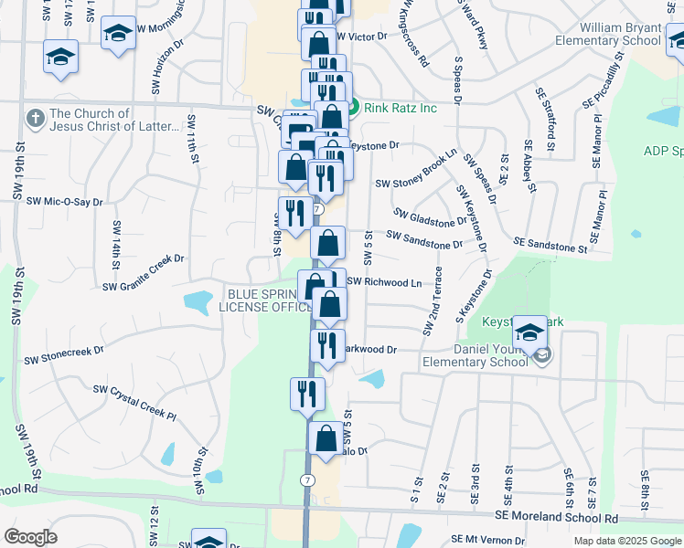 map of restaurants, bars, coffee shops, grocery stores, and more near 2309 Southwest 6 Street in Blue Springs