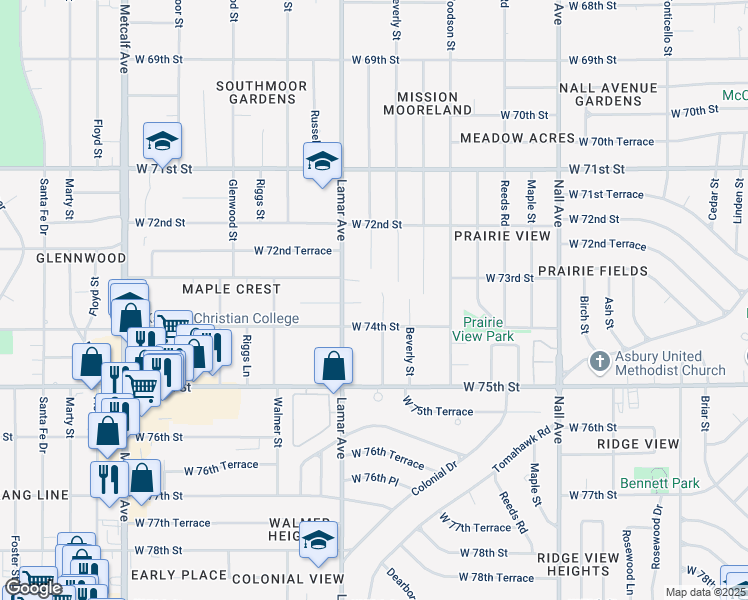 map of restaurants, bars, coffee shops, grocery stores, and more near 6200 West 74th Street in Overland Park
