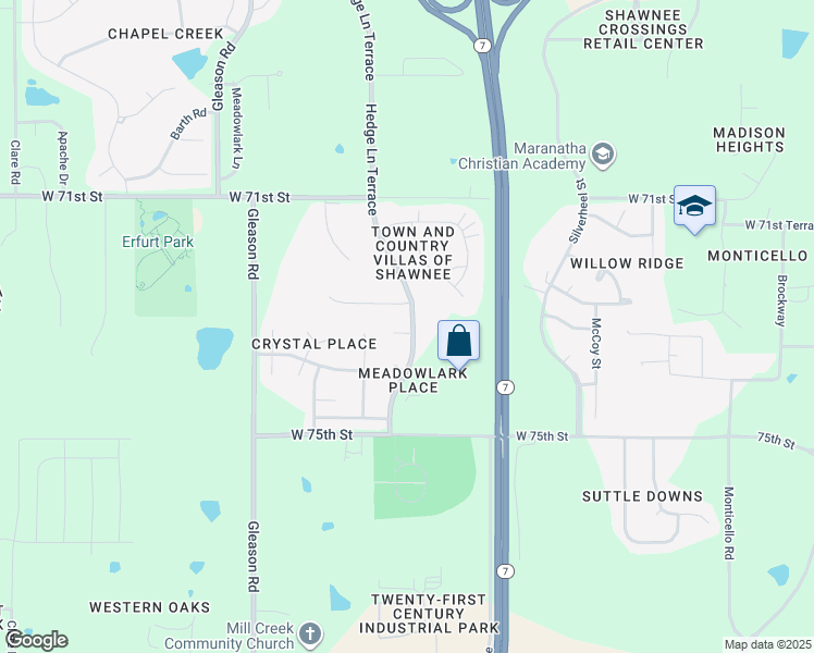 map of restaurants, bars, coffee shops, grocery stores, and more near 23501 West 73rd Street in Shawnee
