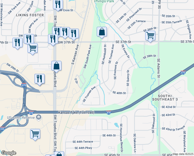 map of restaurants, bars, coffee shops, grocery stores, and more near 3921 Southeast Truman Avenue in Topeka