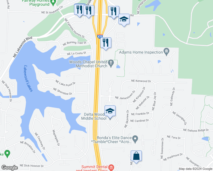 map of restaurants, bars, coffee shops, grocery stores, and more near 4604 Northeast Whispering Winds Drive in Lee's Summit