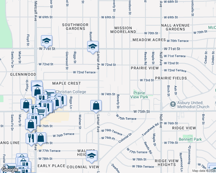 map of restaurants, bars, coffee shops, grocery stores, and more near 6200 West 74th Street in Overland Park