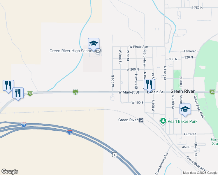 map of restaurants, bars, coffee shops, grocery stores, and more near 620 West Main Street in Green River
