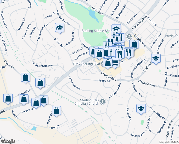 map of restaurants, bars, coffee shops, grocery stores, and more near 808 Colonial Avenue in Sterling