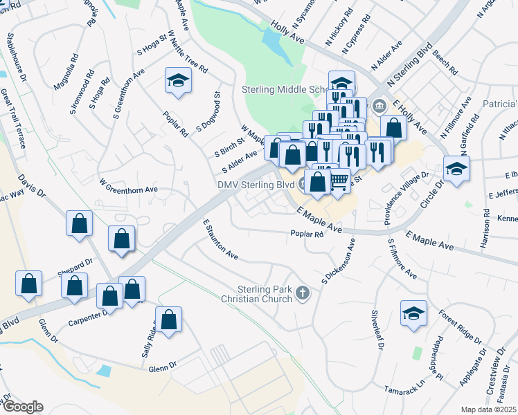 map of restaurants, bars, coffee shops, grocery stores, and more near 800 South Concord Court in Sterling