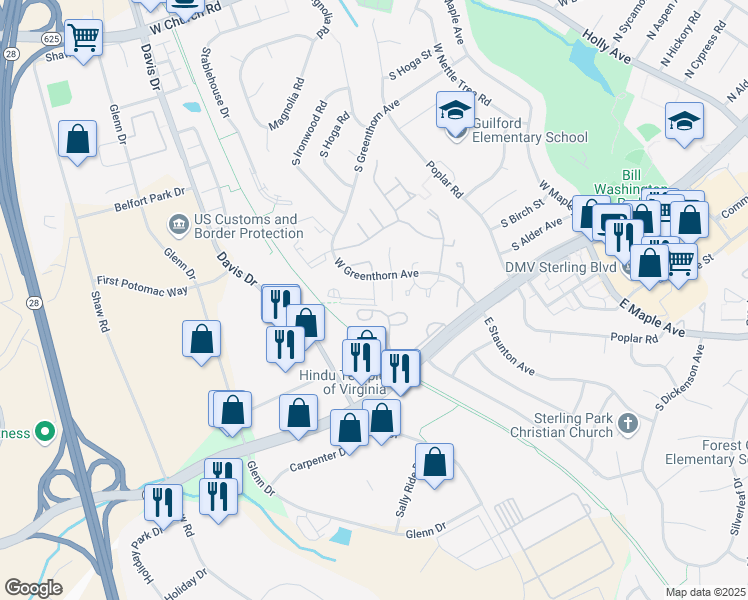 map of restaurants, bars, coffee shops, grocery stores, and more near 1051 Mycroft Court in Sterling