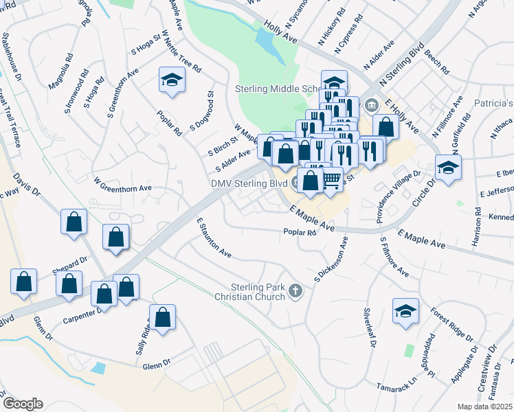 map of restaurants, bars, coffee shops, grocery stores, and more near 808 Colonial Avenue in Sterling
