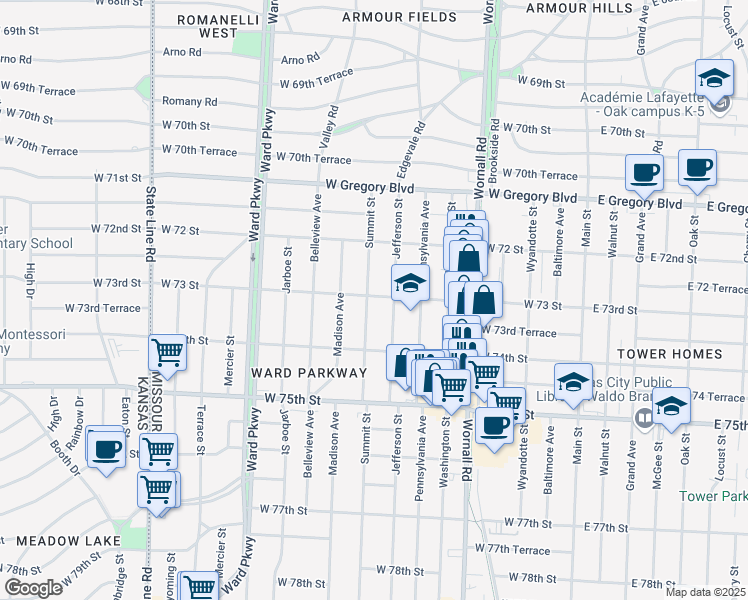 map of restaurants, bars, coffee shops, grocery stores, and more near 7318 Summit Street in Kansas City