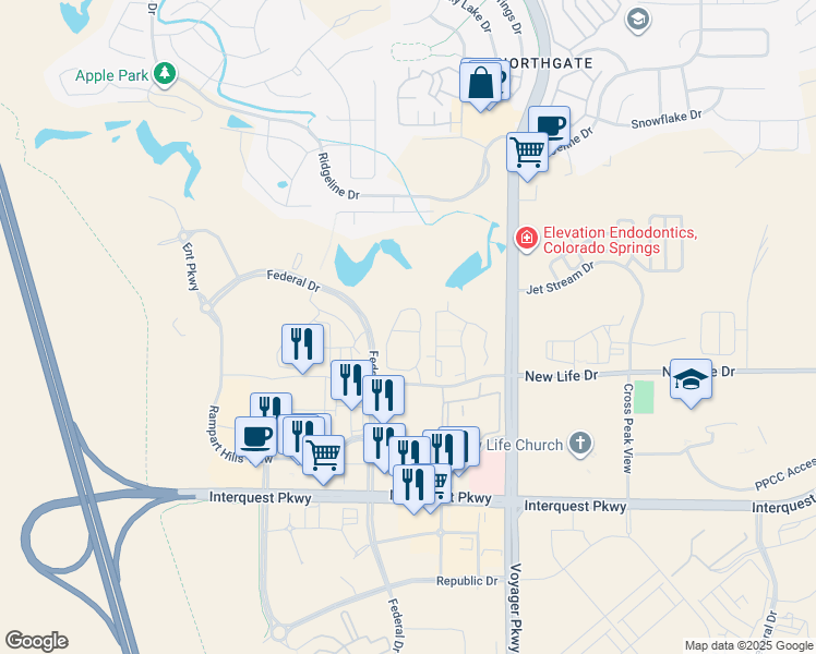 map of restaurants, bars, coffee shops, grocery stores, and more near 11157 Modern Meadow Loop in Colorado Springs