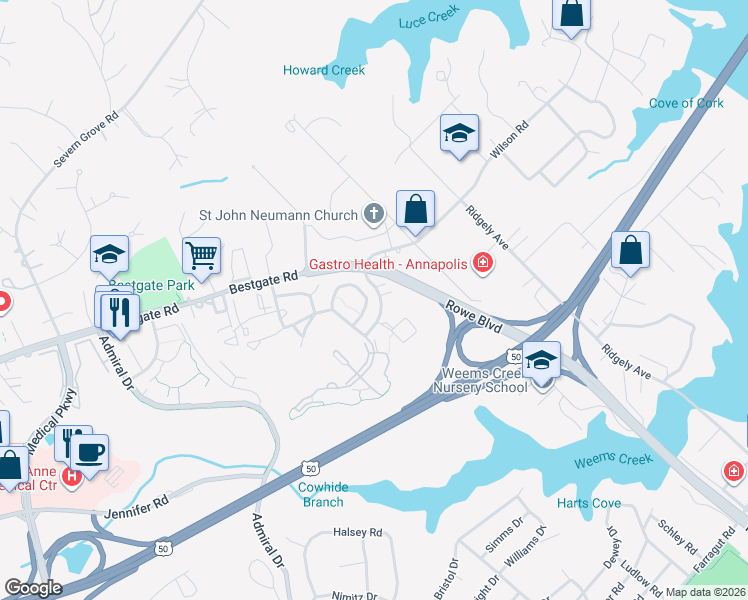 map of restaurants, bars, coffee shops, grocery stores, and more near 732 Howards Loop in Annapolis
