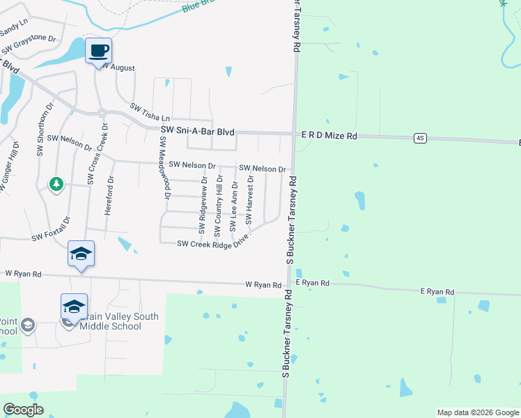 map of restaurants, bars, coffee shops, grocery stores, and more near 840 Southwest Highland Avenue in Grain Valley