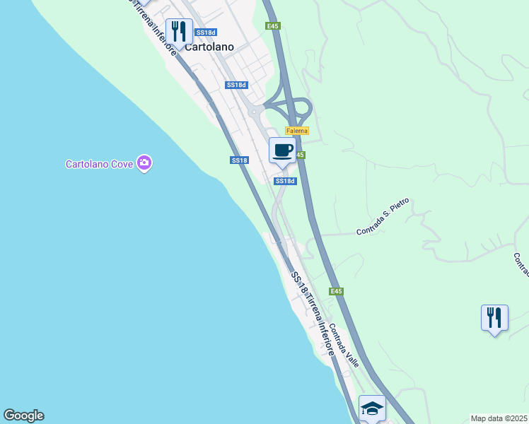 map of restaurants, bars, coffee shops, grocery stores, and more near Strada Statale 18 in Cartolano