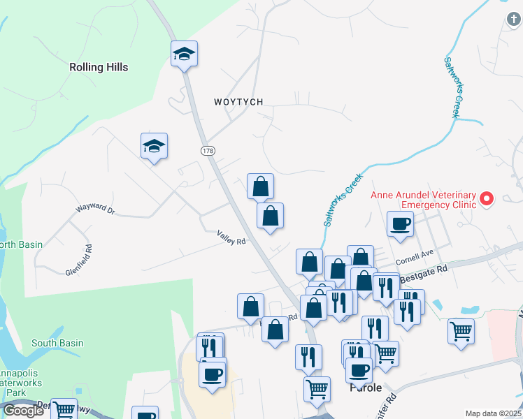 map of restaurants, bars, coffee shops, grocery stores, and more near 2136 Renard Court in Annapolis