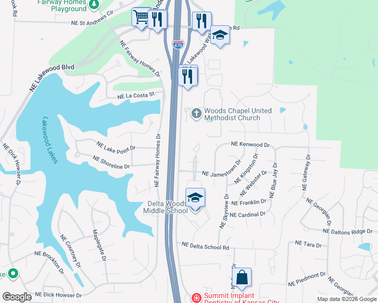 map of restaurants, bars, coffee shops, grocery stores, and more near 1012 Northeast Whispering Winds Court in Lee's Summit