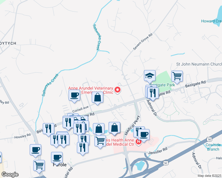 map of restaurants, bars, coffee shops, grocery stores, and more near 808 Bestgate Road in Annapolis