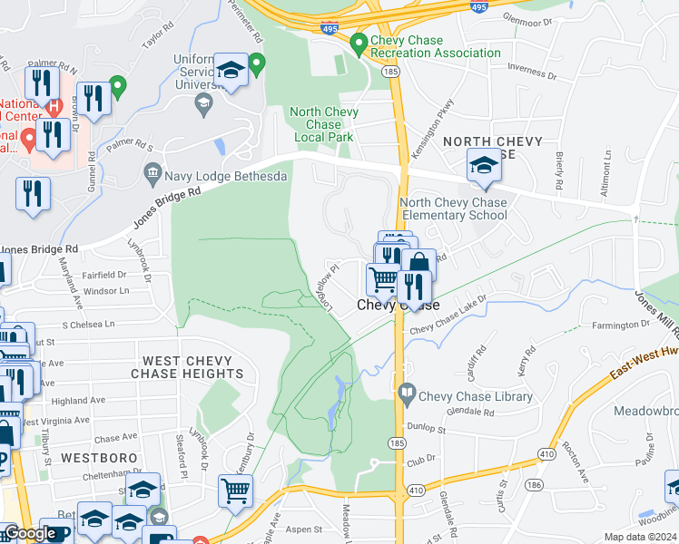 map of restaurants, bars, coffee shops, grocery stores, and more near 8519 Longfellow Place in Chevy Chase