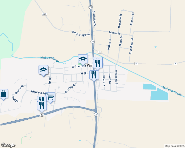 map of restaurants, bars, coffee shops, grocery stores, and more near 210 East Main Street in Winfield