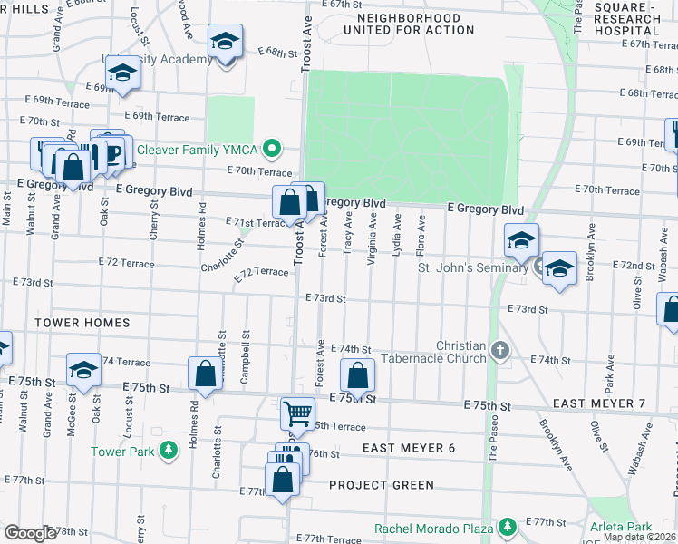 map of restaurants, bars, coffee shops, grocery stores, and more near 7242 Tracy Avenue in Kansas City