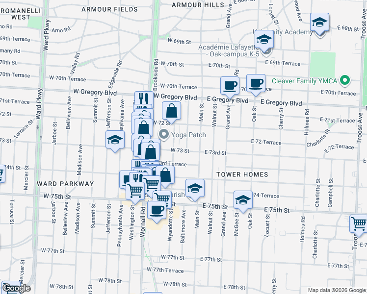 map of restaurants, bars, coffee shops, grocery stores, and more near 121 West 73 Street in Kansas City