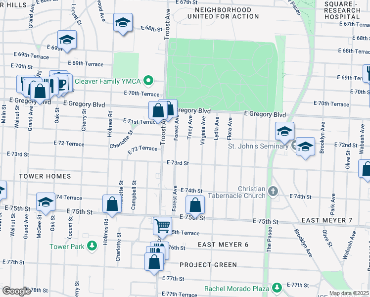 map of restaurants, bars, coffee shops, grocery stores, and more near 7242 Tracy Avenue in Kansas City