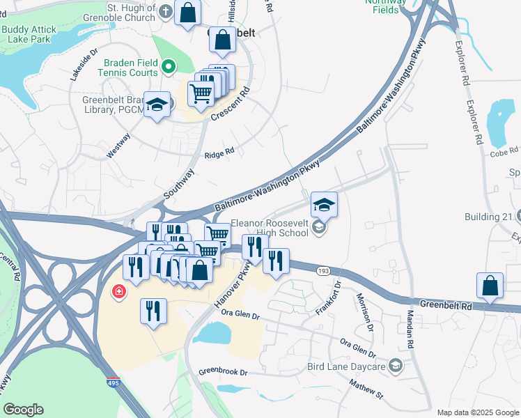 map of restaurants, bars, coffee shops, grocery stores, and more near 7706 Hanover Parkway in Greenbelt