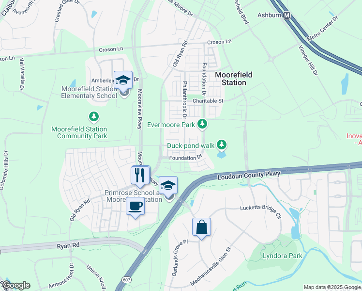 map of restaurants, bars, coffee shops, grocery stores, and more near Southland Street in Ashburn