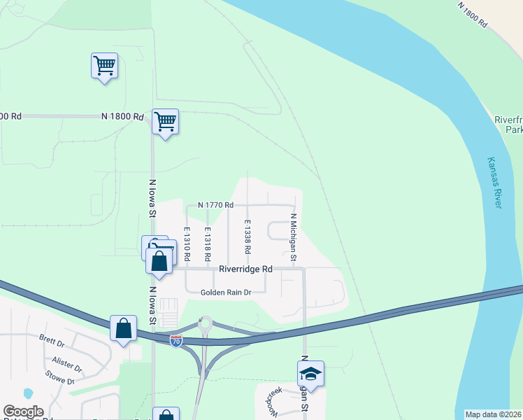 map of restaurants, bars, coffee shops, grocery stores, and more near 810 E 1338 Rd in Lawrence