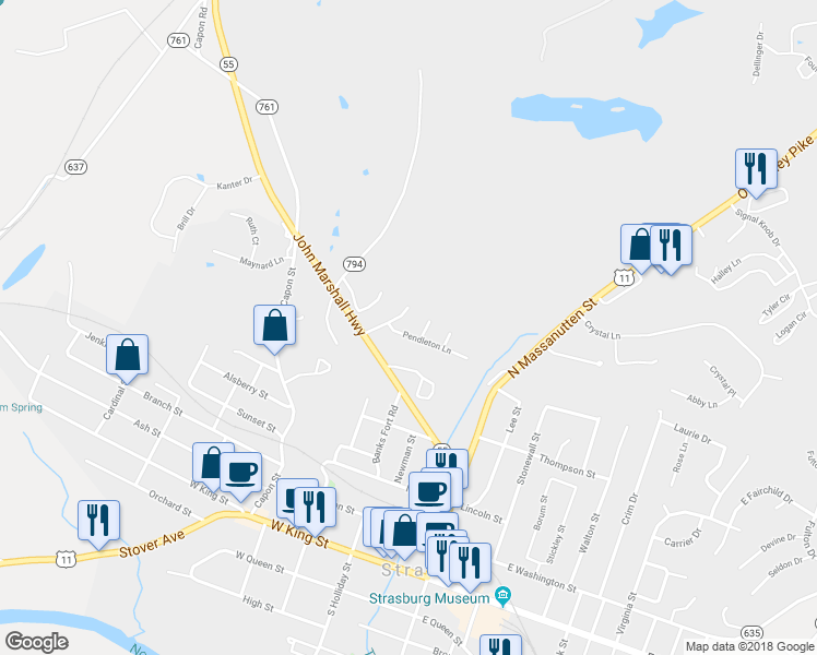 map of restaurants, bars, coffee shops, grocery stores, and more near 311 Pendleton Lane in Strasburg