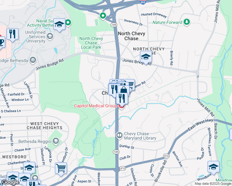 map of restaurants, bars, coffee shops, grocery stores, and more near in Chevy Chase