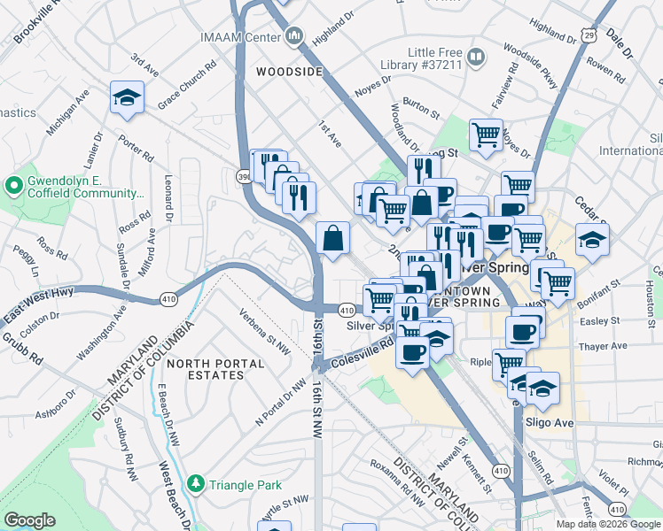 map of restaurants, bars, coffee shops, grocery stores, and more near 8555 16th Street in Silver Spring