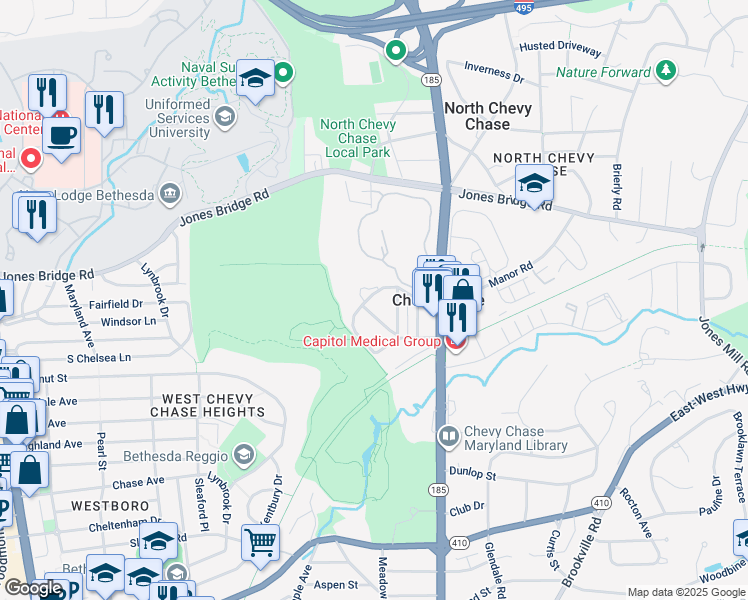 map of restaurants, bars, coffee shops, grocery stores, and more near 8519 Longfellow Place in Chevy Chase
