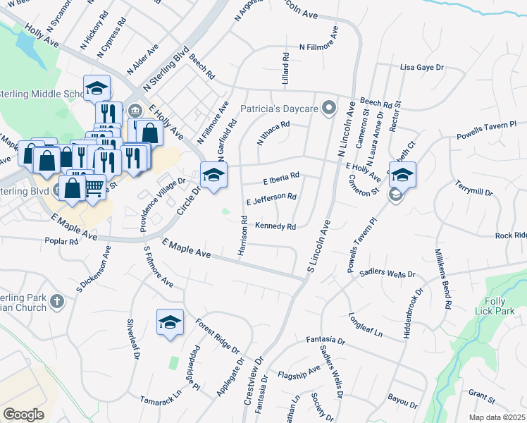 map of restaurants, bars, coffee shops, grocery stores, and more near 303 South Collier Court in Sterling