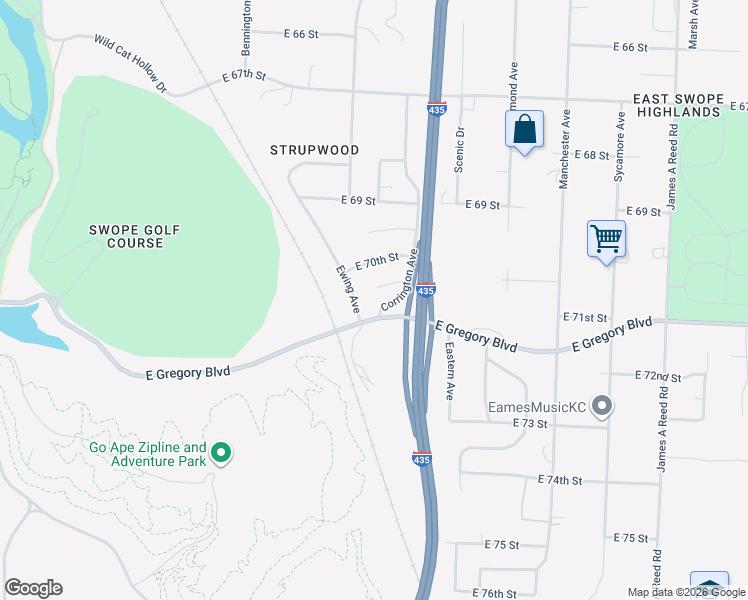 map of restaurants, bars, coffee shops, grocery stores, and more near 7000 East Gregory Boulevard in Kansas City