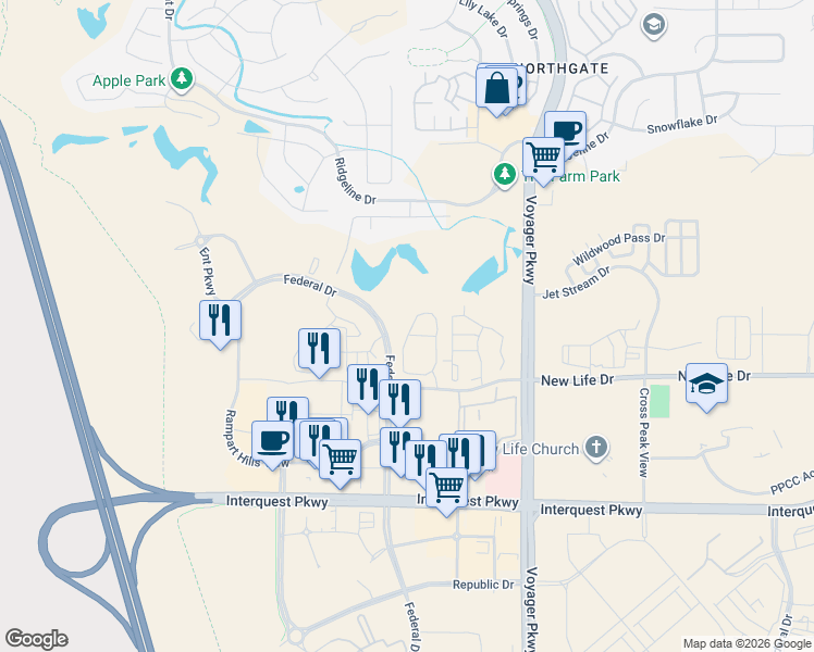 map of restaurants, bars, coffee shops, grocery stores, and more near 11320 Modern Meadow Loop in Colorado Springs