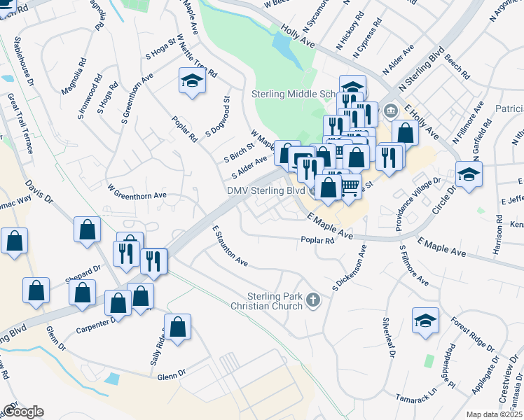map of restaurants, bars, coffee shops, grocery stores, and more near 807 South Concord Court in Sterling
