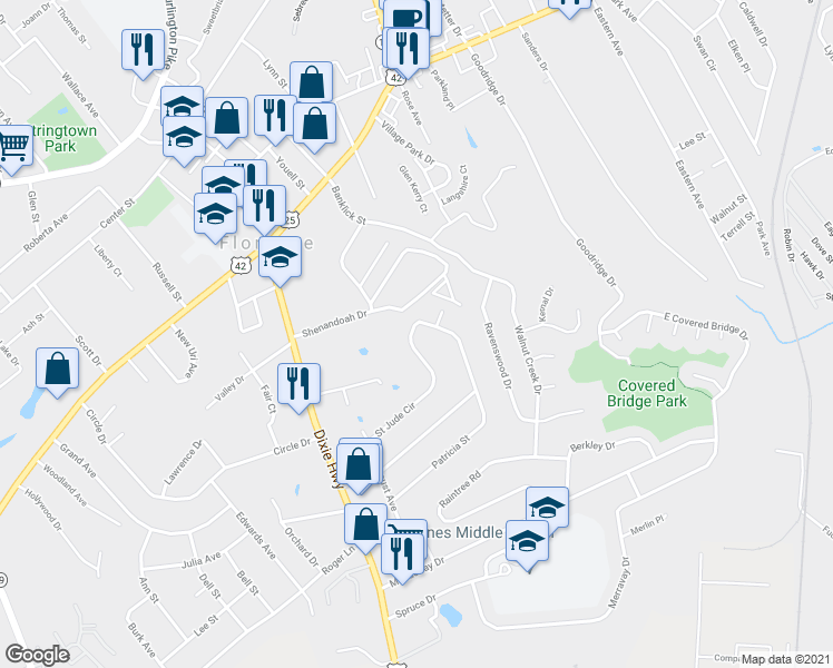 map of restaurants, bars, coffee shops, grocery stores, and more near 223 St Jude Cir in Florence