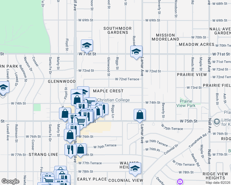 map of restaurants, bars, coffee shops, grocery stores, and more near 6522 West 74th Street in Overland Park