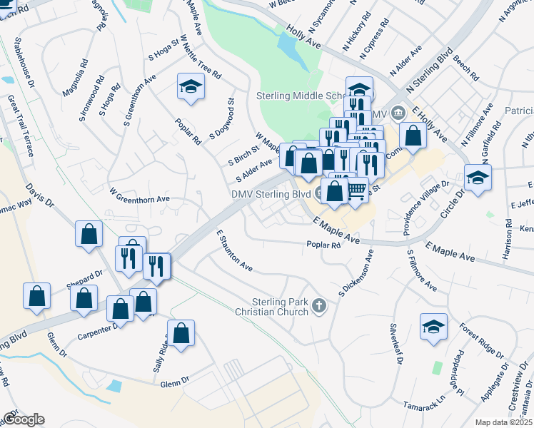 map of restaurants, bars, coffee shops, grocery stores, and more near 807 South Concord Court in Sterling