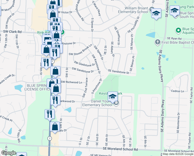 map of restaurants, bars, coffee shops, grocery stores, and more near 2215 Southwest Keystone Place in Blue Springs