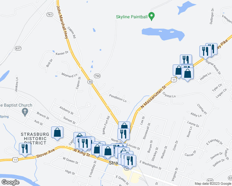 map of restaurants, bars, coffee shops, grocery stores, and more near 113 Cavalry Court in Strasburg